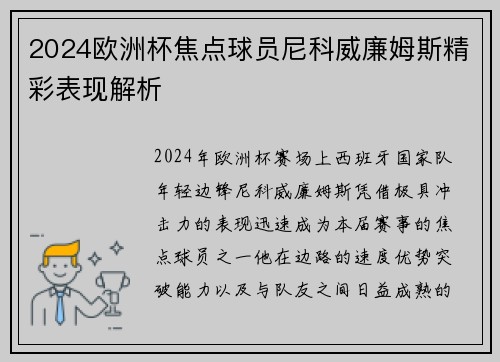 2024欧洲杯焦点球员尼科威廉姆斯精彩表现解析